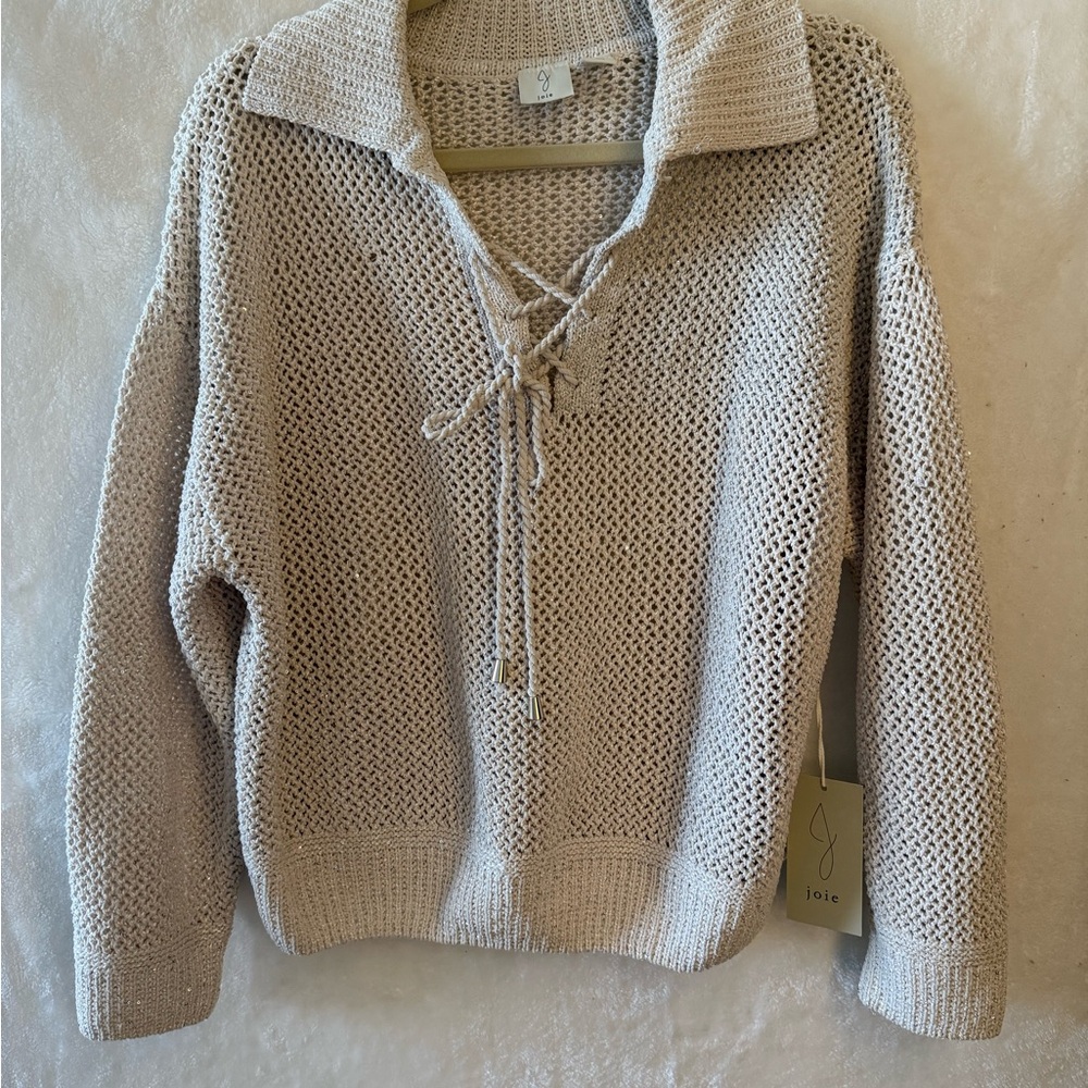 Joie Neutral Beige Lace-Up Open Knit V-Neck Sweater with sparkle